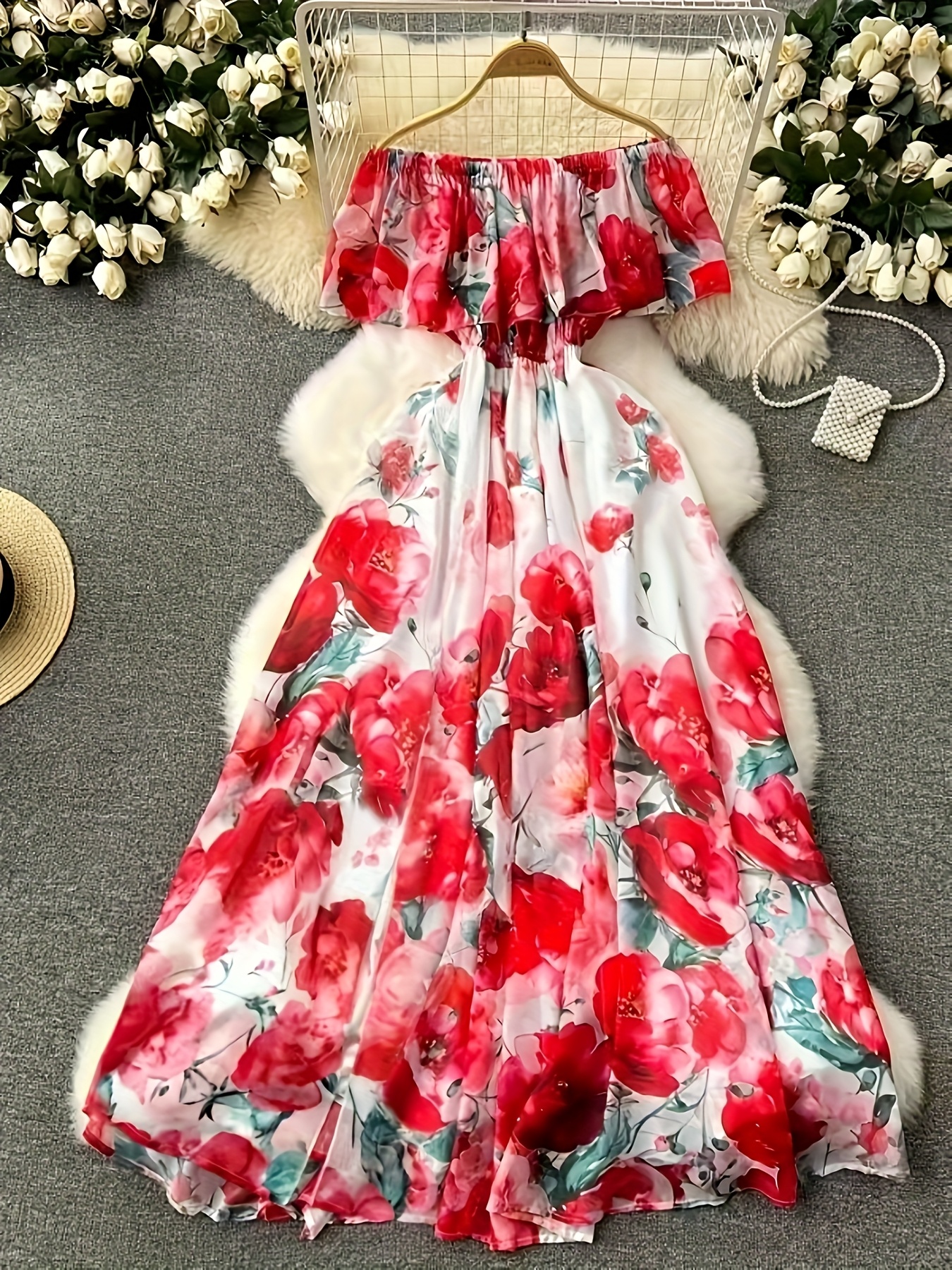 Elegant Off-Shoulder Floral Print Chiffon Maxi Dress for Women Red  White One-Shoulder Dress with Tiered Skirt