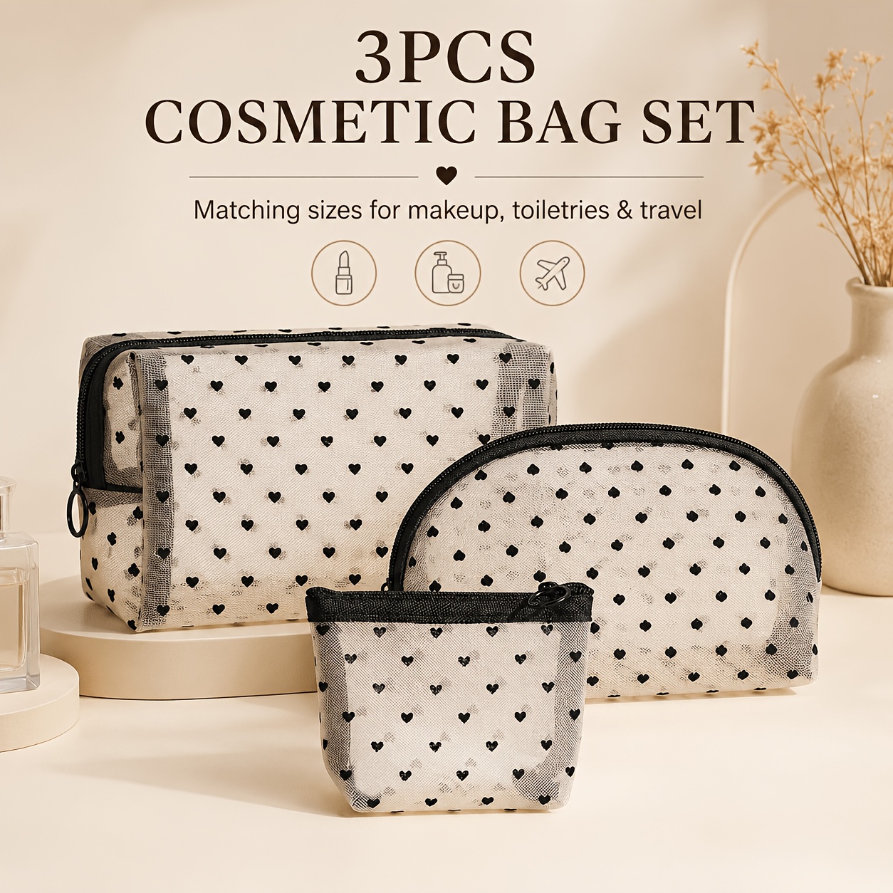 TEMU Makeup Bag 3pcs Transparent Mesh Cosmetic And Toiletry Organizer Bags Beige Lid And Clear Zipper Closure - Heavy-duty Nylon Transparent Travel