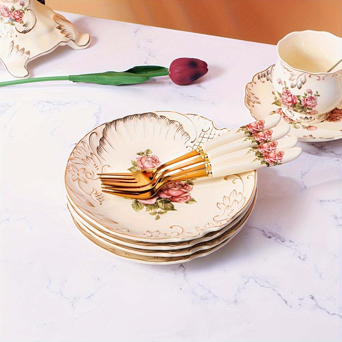 

8pcs Ceramic Dinnerware Set - 7.5in Lightweight Plates With Embossed Golden Rose Edge, Includes Steak Plate, Fruit & Salad Plates For Dining, Parties, Dinners -