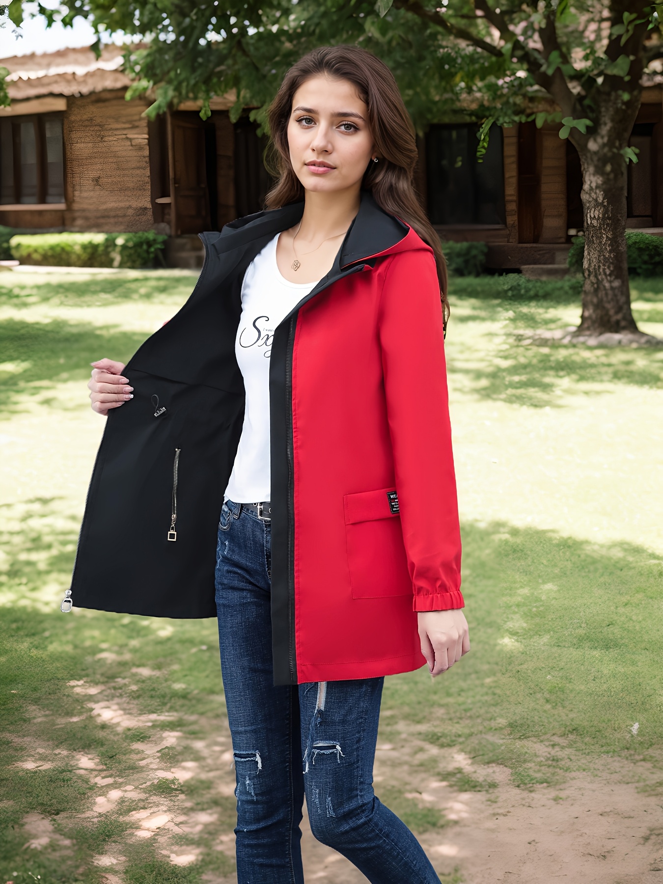 2024 new womens hooded windbreaker jacket   length casual coat with adjustable drawstring waist zipper closure button details solid color for   outdoor wear nonstretch fabric details 13