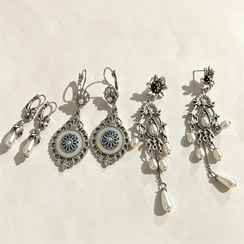 TEMU 3 Pairs Vintage Bohemian Ethnic Style Silvery Women's Pendant Earring Set, Flower And Teardrop-shaped Tassel Pendant Earrings, Hollow