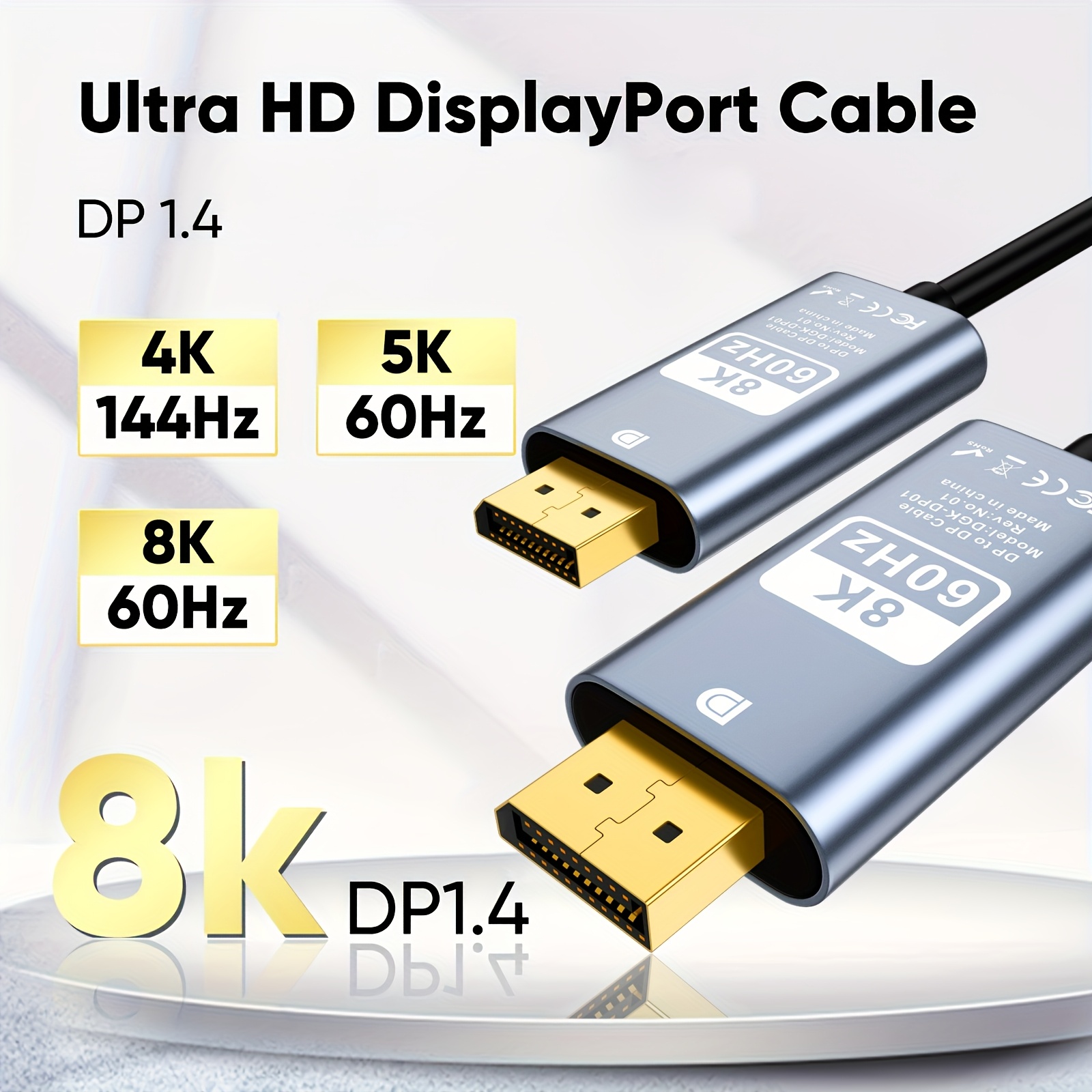 TEMU Ultra Hd 8k/16k Displayport Cable 1.4 Dp Cord - 32.4gbps , 4k@144hz/8k@60hz/2k@240hz/165hz, Male-to-male Flat Thunderbolt-like Compatible (no