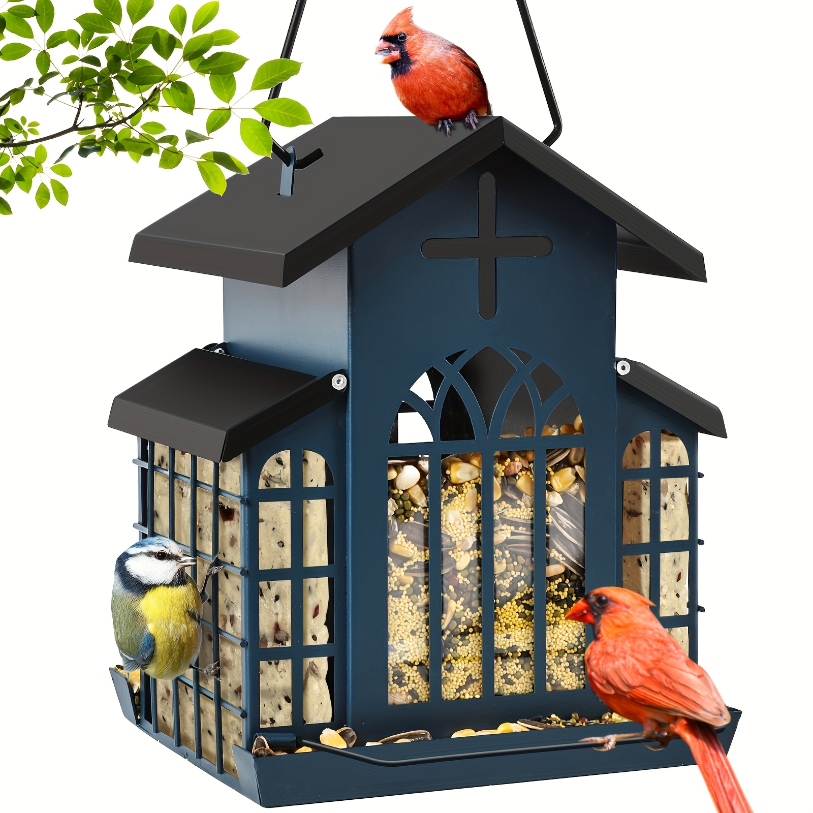 TEMU Bird Feeder For Outside Vintage Metal Outdoor Metal Mesh Wild Bird Feeder With Triple Feeders For Finch Chickadee Large Capacity Bird Feeders