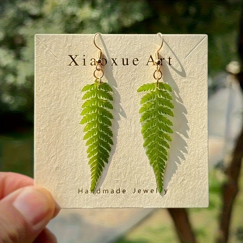 TEMU Handmade Green Leaf Resin Earrings - Elegant With Golden-tone Hooks, Lightweight Durable Jewelry For Everyday Casual Wear Or