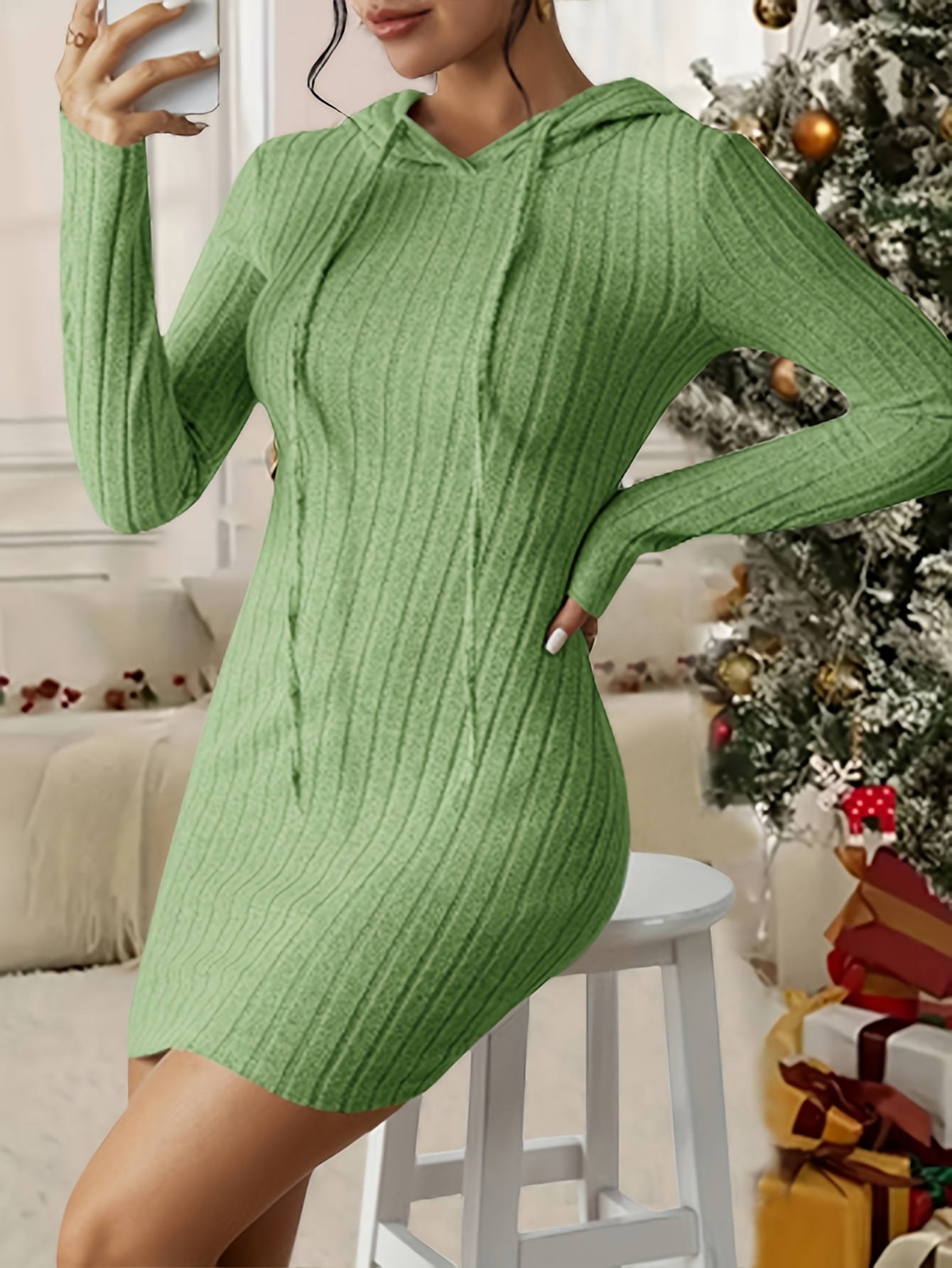 ribbed hooded dress casual solid drawstring long sleeve - Temu Nigeria
