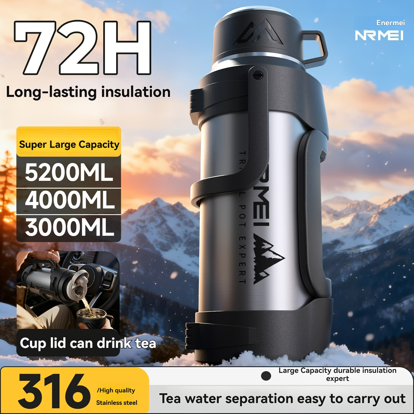 1 stainless steel large capacity       in multiple sizes with a handle and cup lid featuring a tea storage compartment and maintaining temperature for   suitable for outdoor use and camping