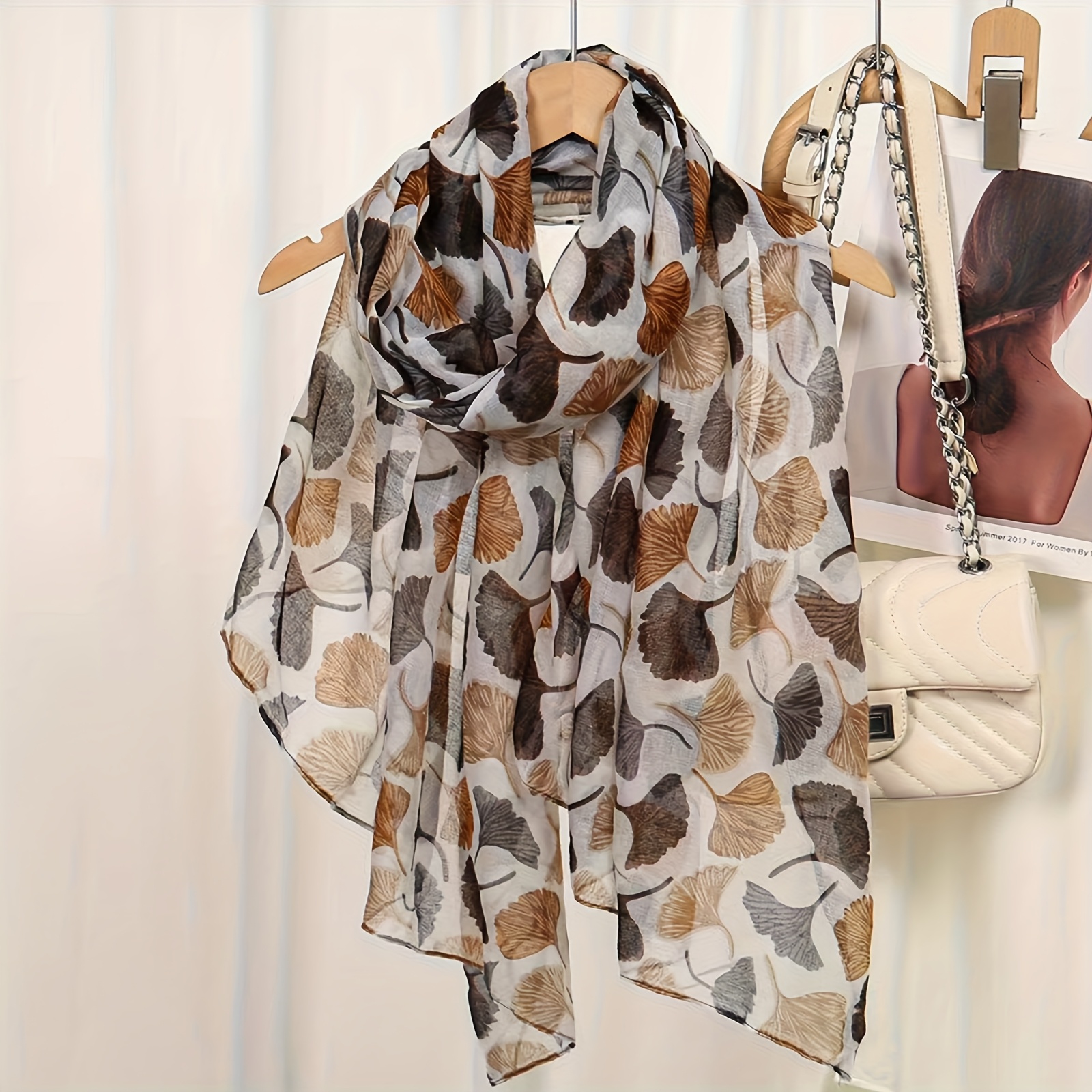 TEMU New Fashionable Soft Long Scarf, Bali Yarn Leaf Print Shawl, Ethnic Autumn/winter Scarf, Vintage Artistic Thin Long Neck Scarf From Manufacturer