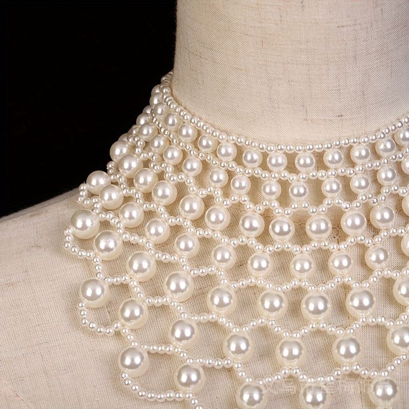  woven faux pearl choker necklace exaggerated clavicle collar chain elegant chunky statement bib necklace jewelry for women sexy cute style details 3