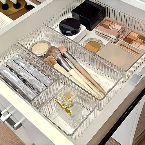 6pcs transparent striped table drawer organizer set with 4 sizes plastic non slip storage containers suitable for home office kitchen bedroom drawers compartments for cosmetics jewelry supplies organization desk drawer organizer