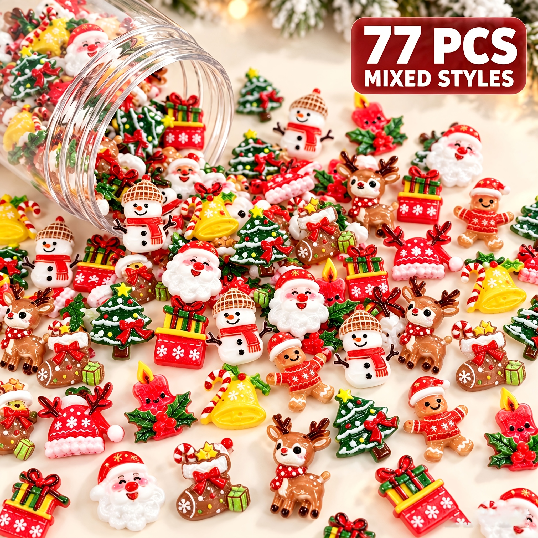 TEMU 77pcs Christmas Mixed Resin Nail Decorations Set, Santa Claus, Snowman, Small Bells, Stars Perfect For Nail Art, Scrapbooking, Diy Crafts, Hair