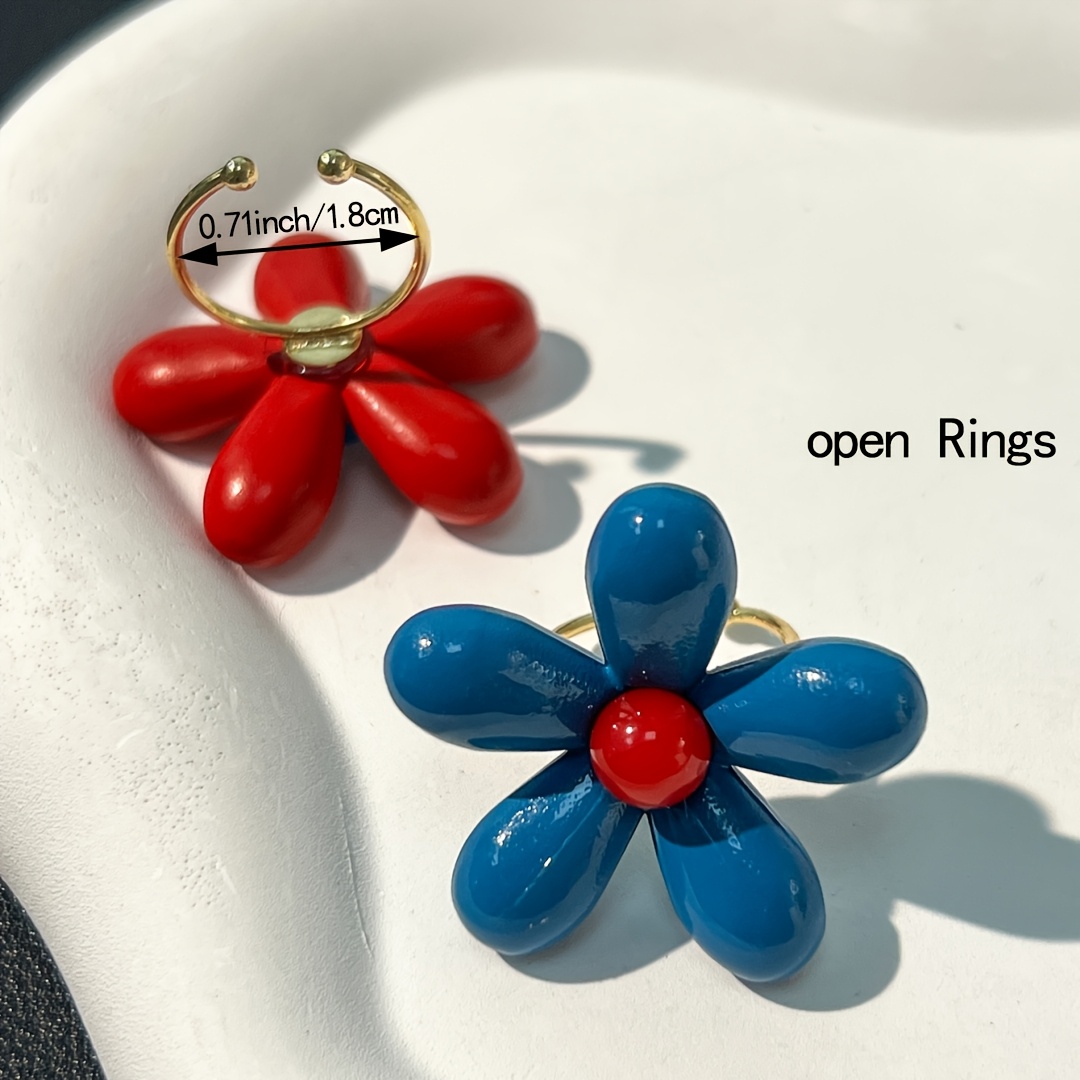 TEMU 2pcs Red Blue Contrast Irregular Floral Shaped Women's Rings, Resin Material Elegant Cute Suitable For Daily Wear
