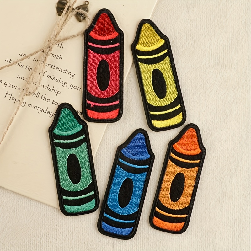 TEMU 1 Set Of 5 Cylindrical Crayon Fabric Patches, Cartoon Anime Style Iron-on Appliques, Sewing Patches Suitable For Clothing, Bags, Shoes, Hats, And Home Decor