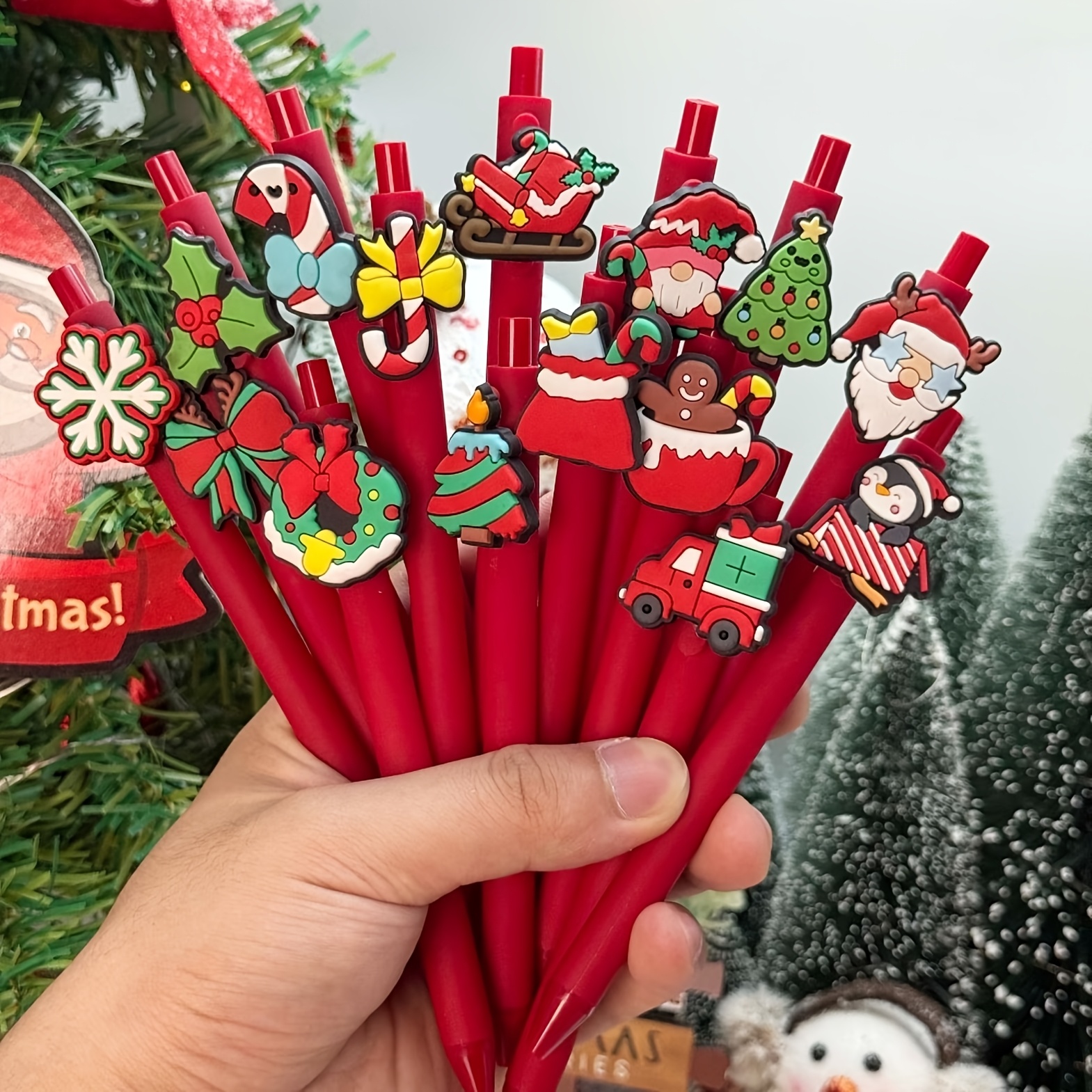 TEMU 15pcs Ballpoint Pens, Christmas Themed Assorted Styles Including Cartoon Gingerbread Man, Santa Claus, Snowflakes, Etc., Click-type Ballpoint