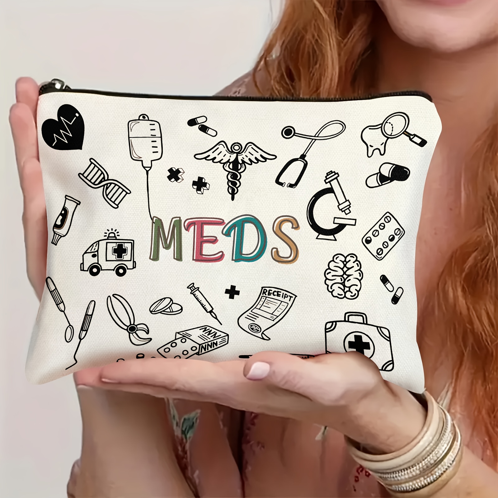 

Meds Cosmetic Bag, Unisex Adult Medicine Travel Pouch, Low Allergy Random Print Makeup Organizer, Gift For Doctors And Teen Girls