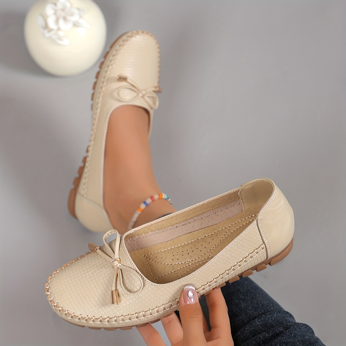Solid Color Bow Flat Women's Shoes, Comfortable Slip-On Loafers