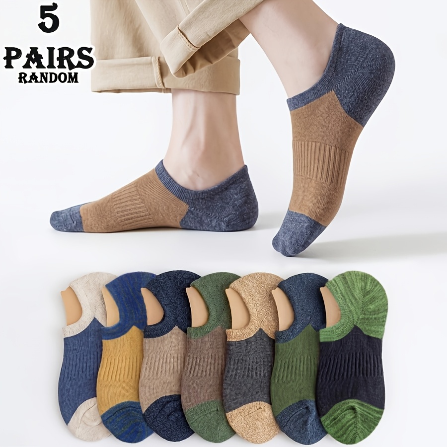 TEMU 5 Pairs Random Men's Vintage Color Block No-show Socks, Spring Summer Minimalist Breathable Casual Invisible Socks For Daily Commute