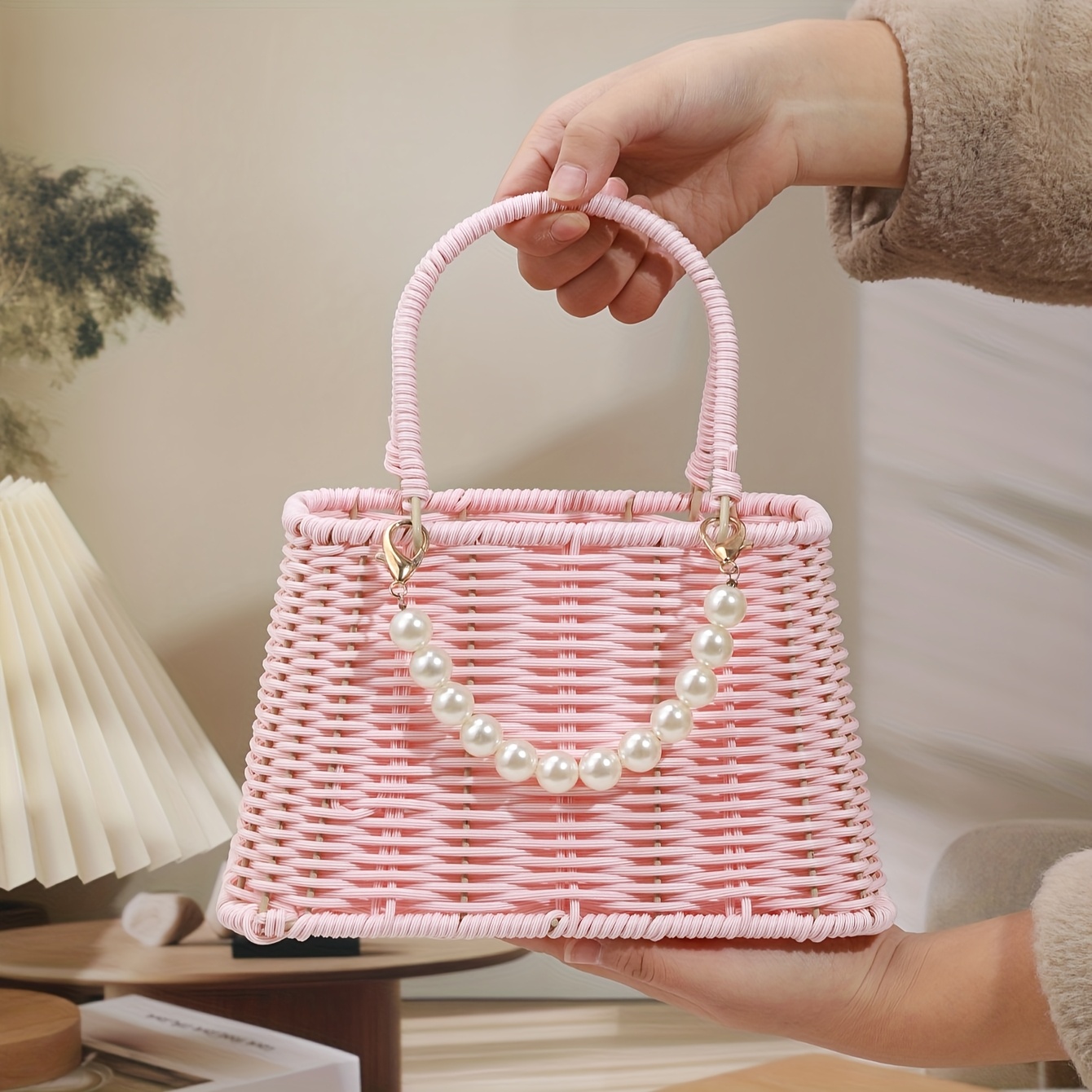 Image of 1pc Pink Plastic Flower Basket Home Decor Craft Storage Handheld Basket For Events And Parties, Wedding Flower Boy Basket, Perfect For Halloween & Christmas