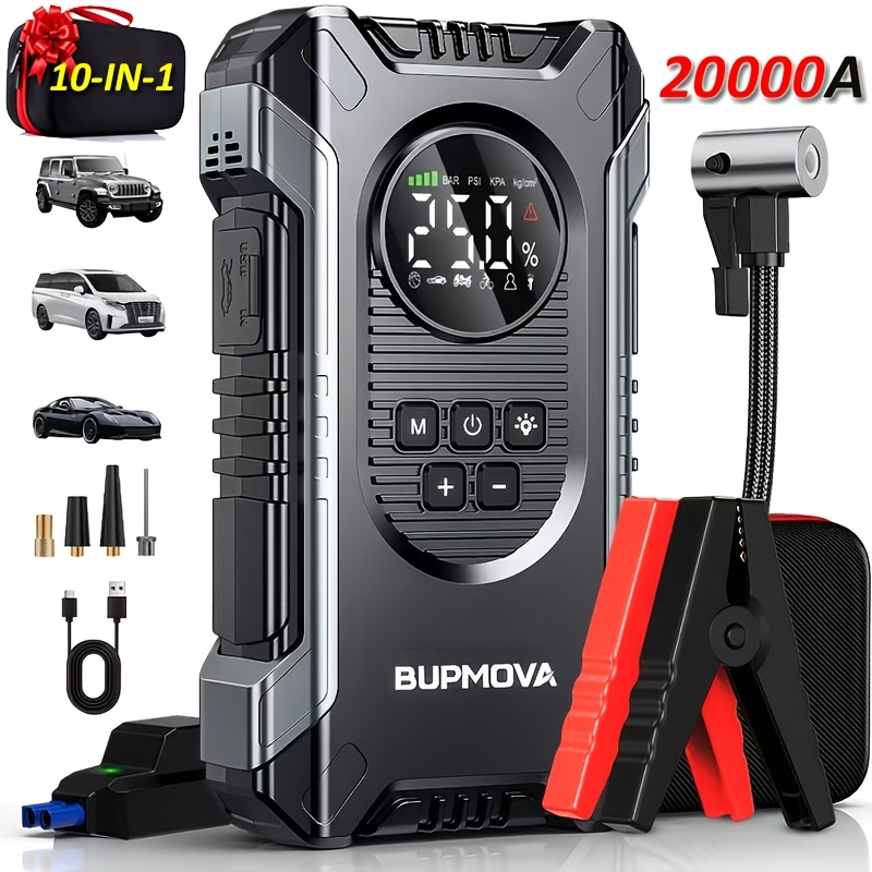 obrázek položky Startovací zdroj do auta Power Bank s kompresorem 150 PSI, 12V startovací zdroj autobaterie s hustilkou pneumatik pro všechna benzínová nebo 10.0L dieselová vozidla, s přenosným pouzdrem, chytré kabely s 10 bezpečnostními funkcemi, Otevřít v nové záložce.