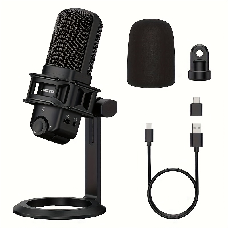 ZINGYOU ZY-UD2 USB Condenser Microphone, Plug And Play, Heart-shaped Desktop, Microphone Gain Control, Mute Button And Headphone Jack For PC Recording, Gaming, Streaming, Skype, Twitch, Dubbing, 96kHz/24Bit, Black, Computer