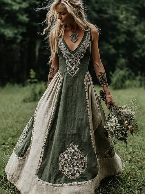 robe tendance pour femme, style vintage viking, à imprimé géométrique, avec ourlet déchiré, drapé, froncée et manches