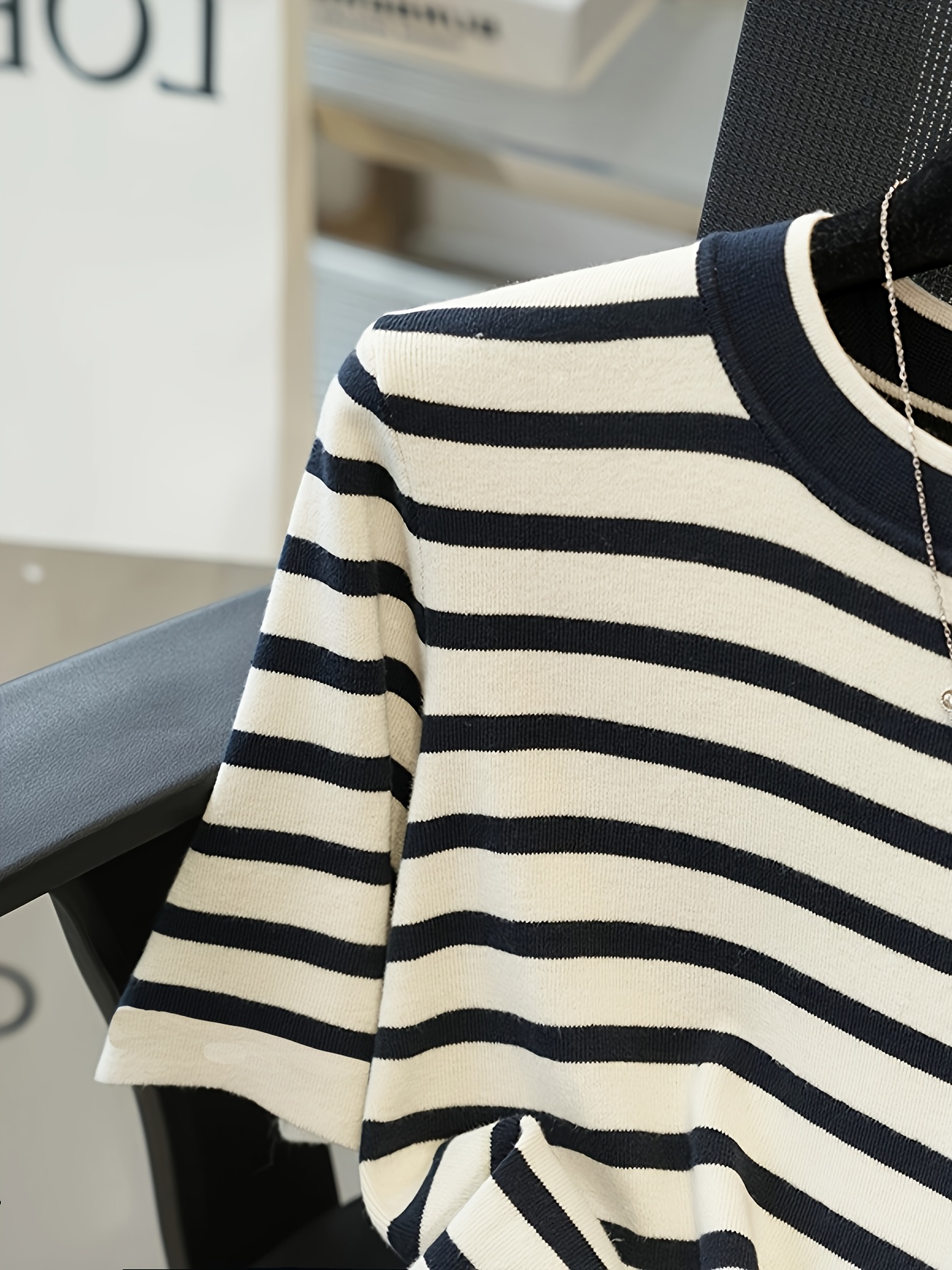 womens elegant black white striped short sleeve top casual Temu