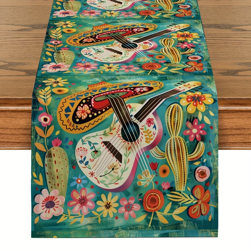 

1pc, Table Runner, Mexican Style Band Guitar Straw Hat Plant Floral Pattern Table Runner, Colorful Printed Cinco De Mayo Table Runner, Day Of The Dead Decoration And Supplies For Home