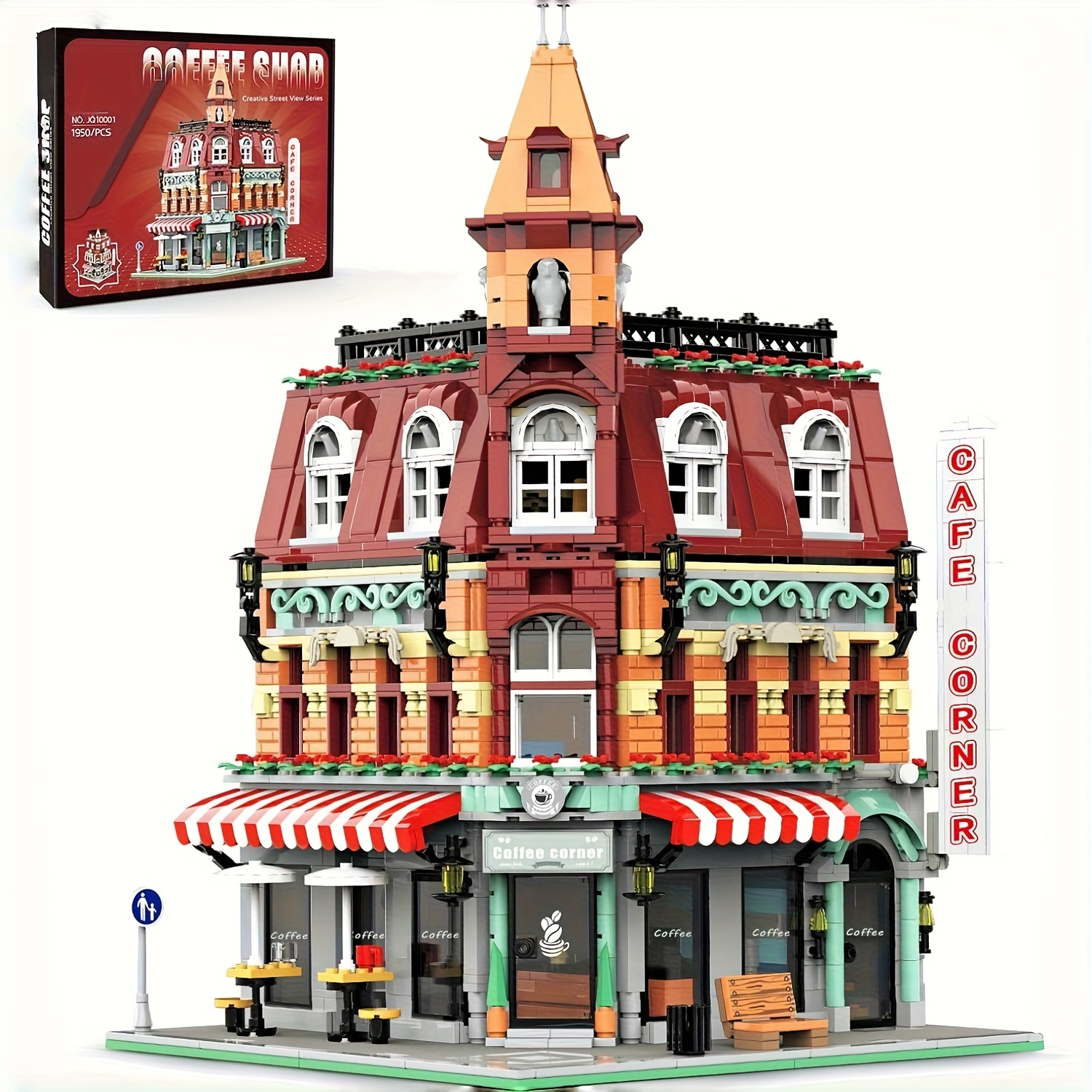 Urban Large Cafe House Building Block Set, Corner Hotel Street Scene Assembly Model, Three-story Building, High-difficulty Assembly, Ideal Independence Day Gift, Christmas, Birthday Gift 1950+pcs