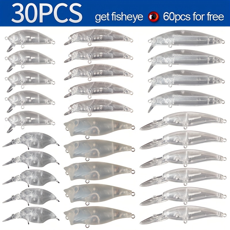 

30pcs 6 Styles Corps de Poisson Non Peints Mélangés, Perles de Bruit Intégrées, Meilleur pour Attirer les Poissons, , Petit Homme Gras, Leurre de des , Peinture DIY , Œil de Poisson