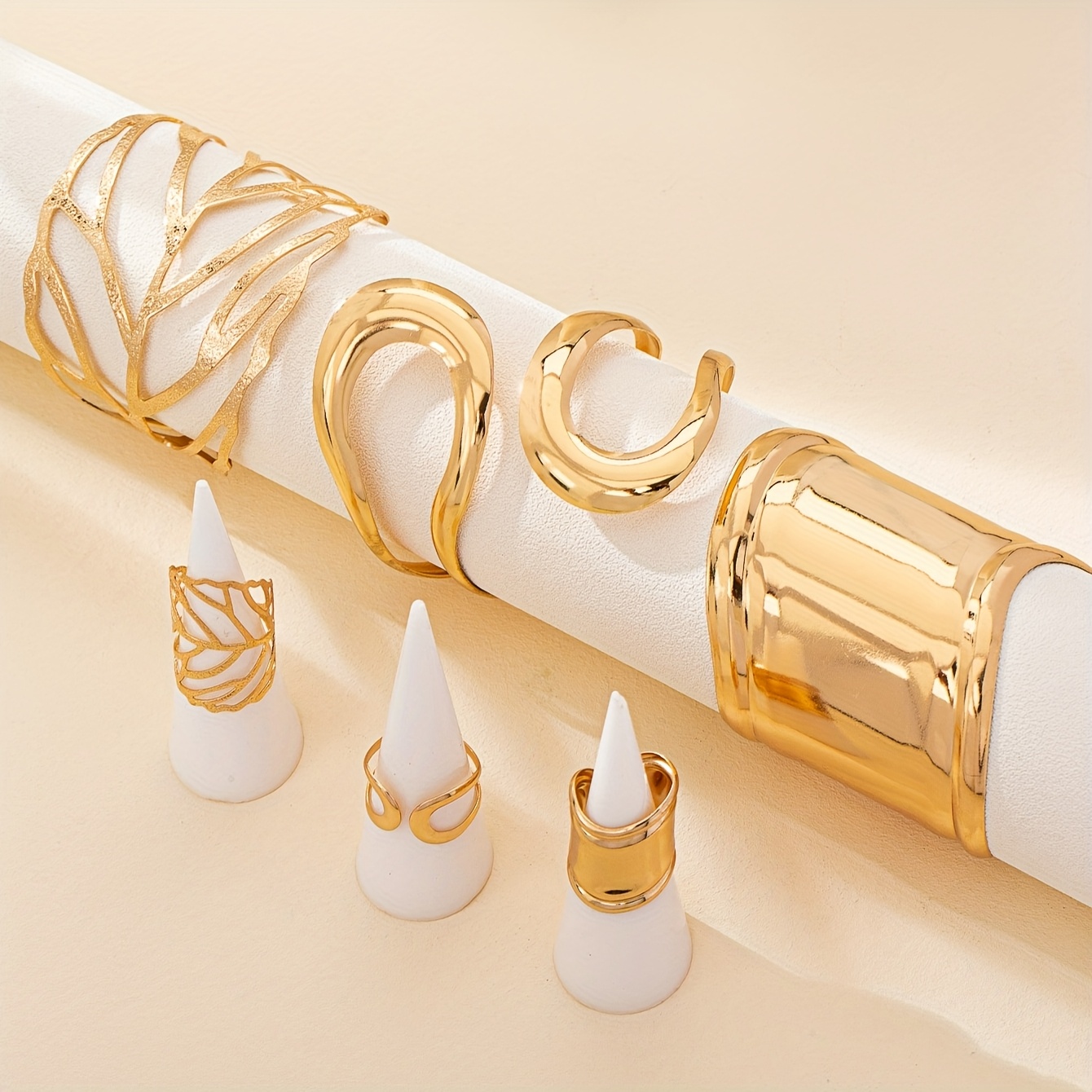 Image of 6pcs Set Of Rings And S, Golden Wide Face Rings And S, Hollow Water Drop Shaped Rings And S