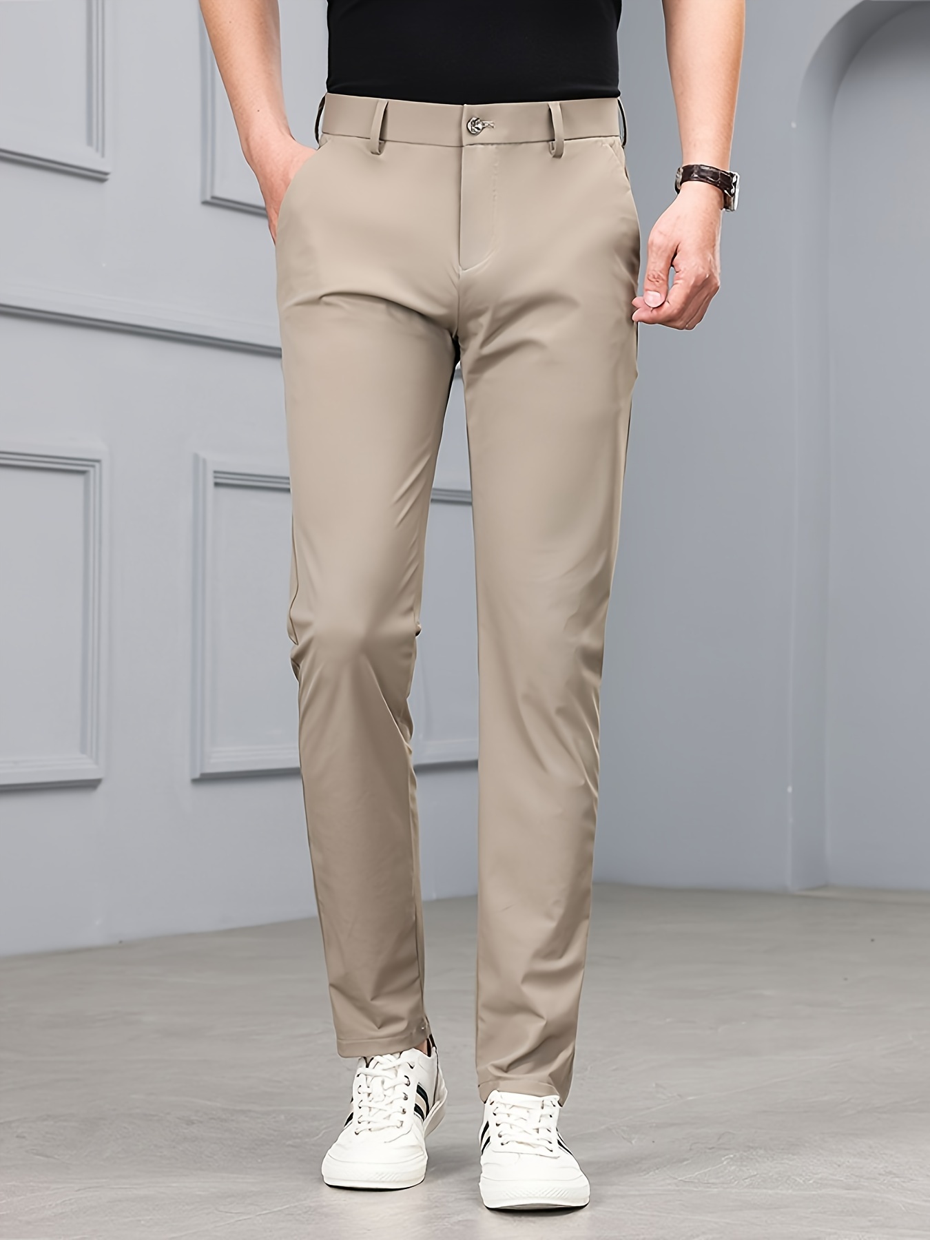 mens summer casual skinny pants   waist regular fit solid color nylon 79 10 elastane 20 90 high stretch knit fabric zipper fly pockets no belt weekend casual 160g m khaki 1