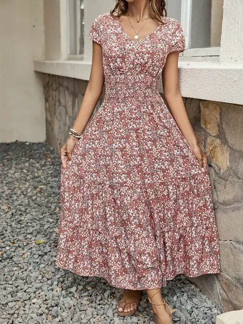chic v neck floral dress for women soft breathable polyester machine washable spring summer and fall occasions casual attire and outdoor activities