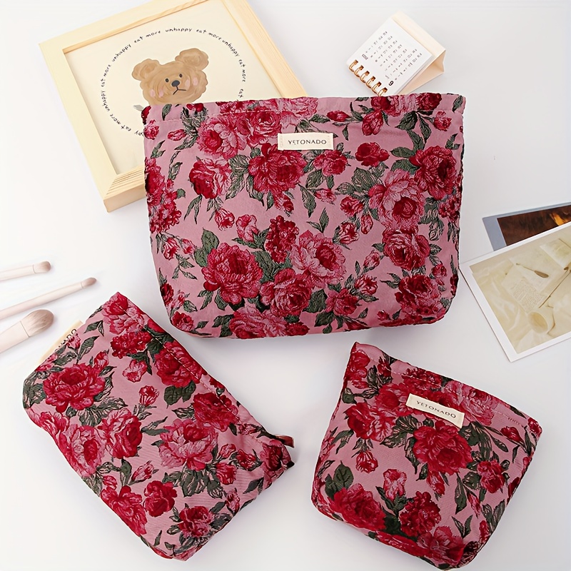 E-shop Vintage Kosmetiktasche mit rotem Rosenmuster, modische Damen-Kosmetiktasche, multifunktionale Aufbewahrungstasche, Reise-Kosmetiktasche,