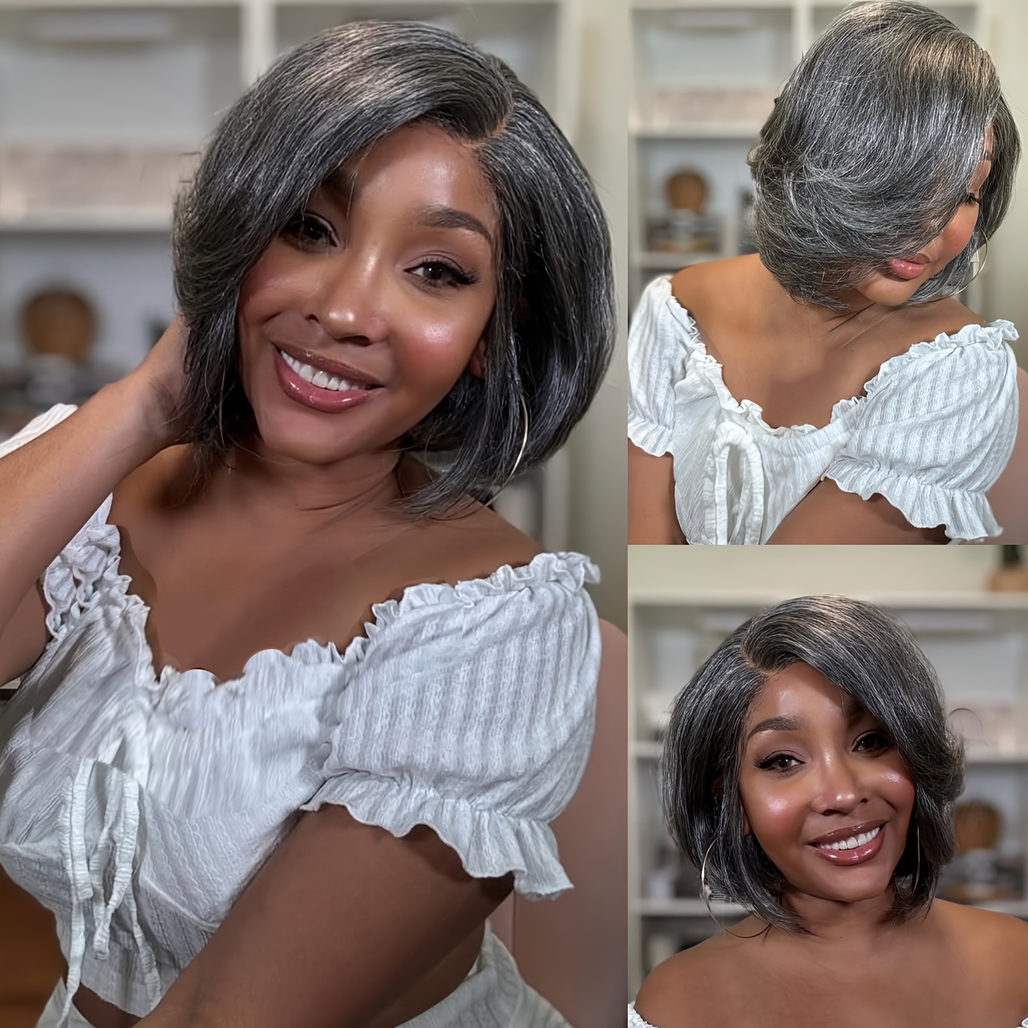 

Chic 10" Mixed Grey Bob Wig For Women - Elegant Straight , Heat-resistant Synthetic Fiber, Silvery Grey With , Ideal For Daily Use, Short, Daily Use