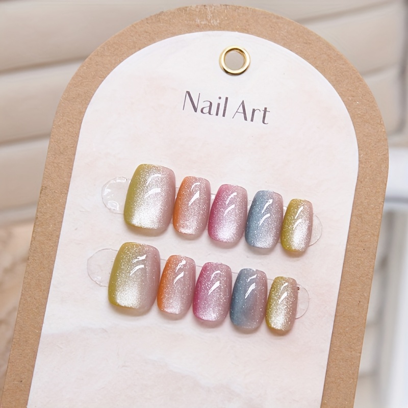 TEMU 10pcs Sweet Candy-colored Cat Eye Press-on Nails, With 1pc Jelly Glue And 1pc Nail File