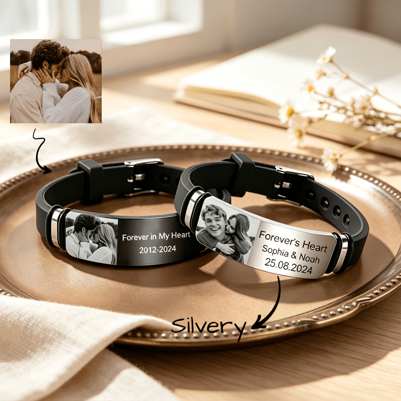 TEMU [customization] 1pc Personalized 304 304 304 304 Stainless Steel Photo Engraved Bracelet, Customizable Couple Photo, Engraved Name, Anniversary