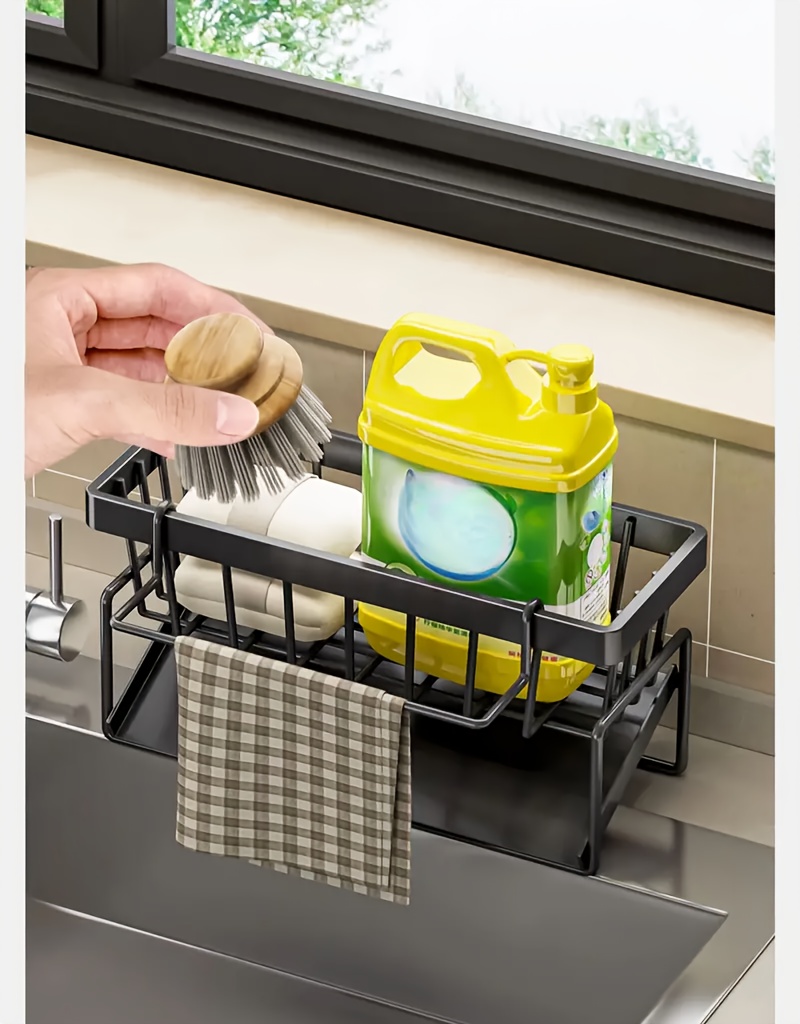   stainless steel kitchen sink organizer with dishcloth holder space saving storage rack for sponges soaps brushes cloths details 5