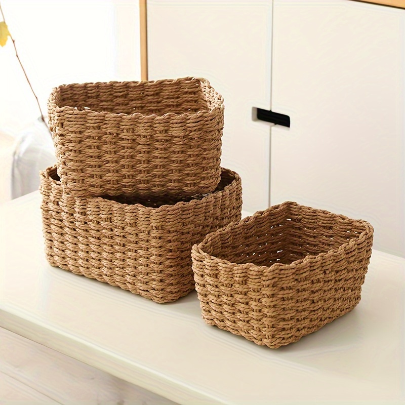 

3pcs White And Khaki Storage Baskets, Stackable Hand-woven Cosmetic Storage Boxes, Multifunctional Retro Country Style Grocery Storage Baskets, Desktop Storage, Home Organization Storage Box