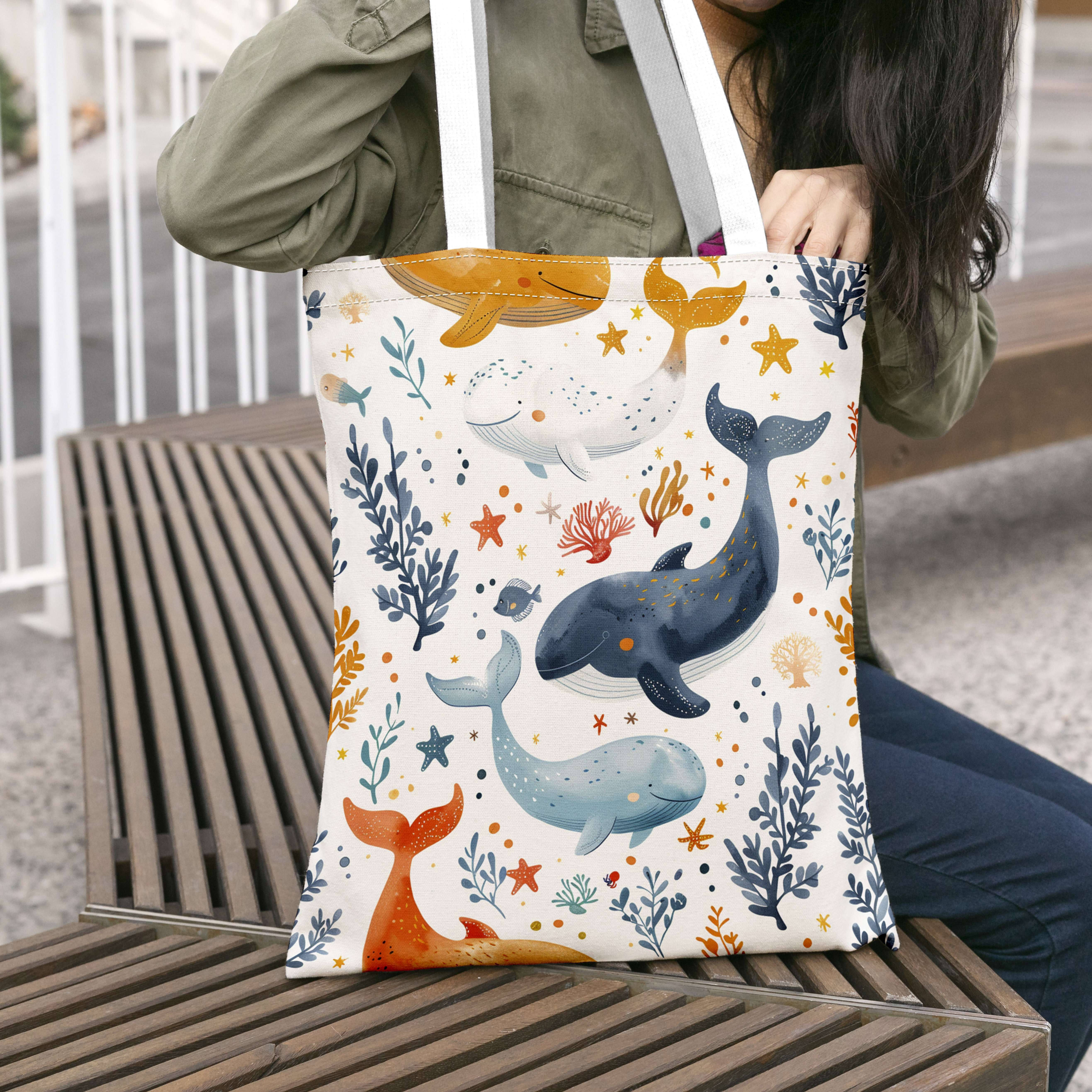 Image of A Stylish And Spacious Canvas Bag Featuring A Marine Whale Pattern - Perfect For Shopping, Travel, And Everyday Use, An Affordable Tote For Women