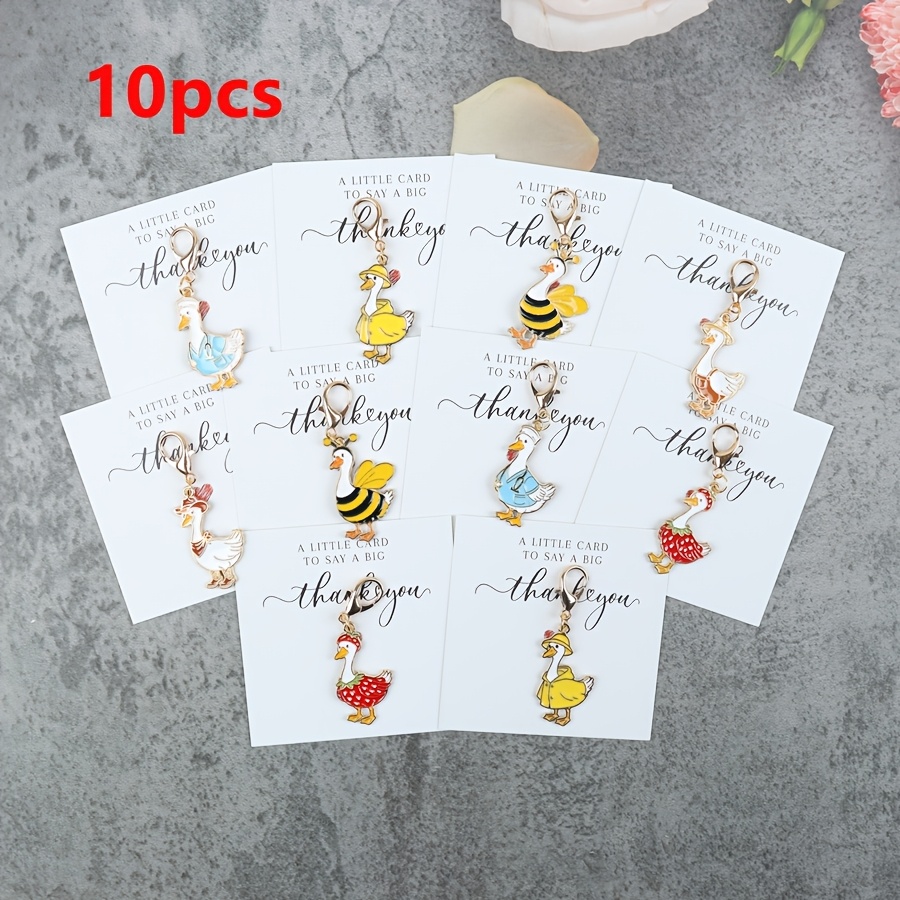 TEMU 2d Flat - 2d 10pcs Dressed Goose Keychains Set, Farmer Bee Raincoat Cowboy Nurse Costume Design Alloy Charms With Thank You Cards, Country