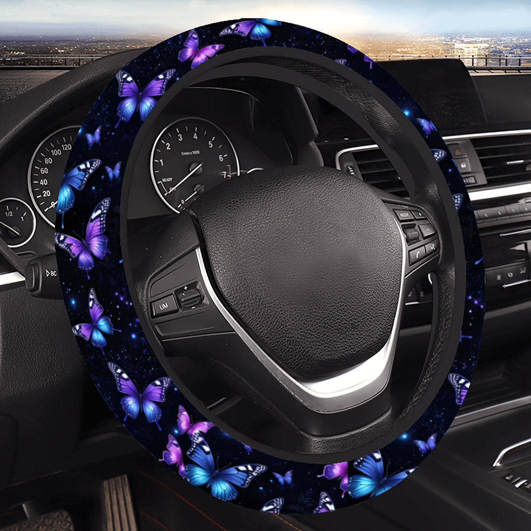 TEMU 1 Housse de volant motif papillon violet et bleu, élastique antidérapante, convient à la plupart des volants de voiture, forte