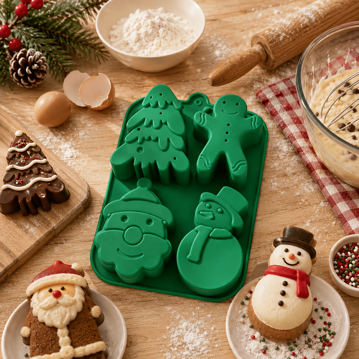 TEMU 4 Cavity Christmas Themed Silicone Mold, Christmas Tree Gingerbread For Man Santa Snowman, Diy Mousse Chocolate Cookie Jelly Soap Aromatherapy