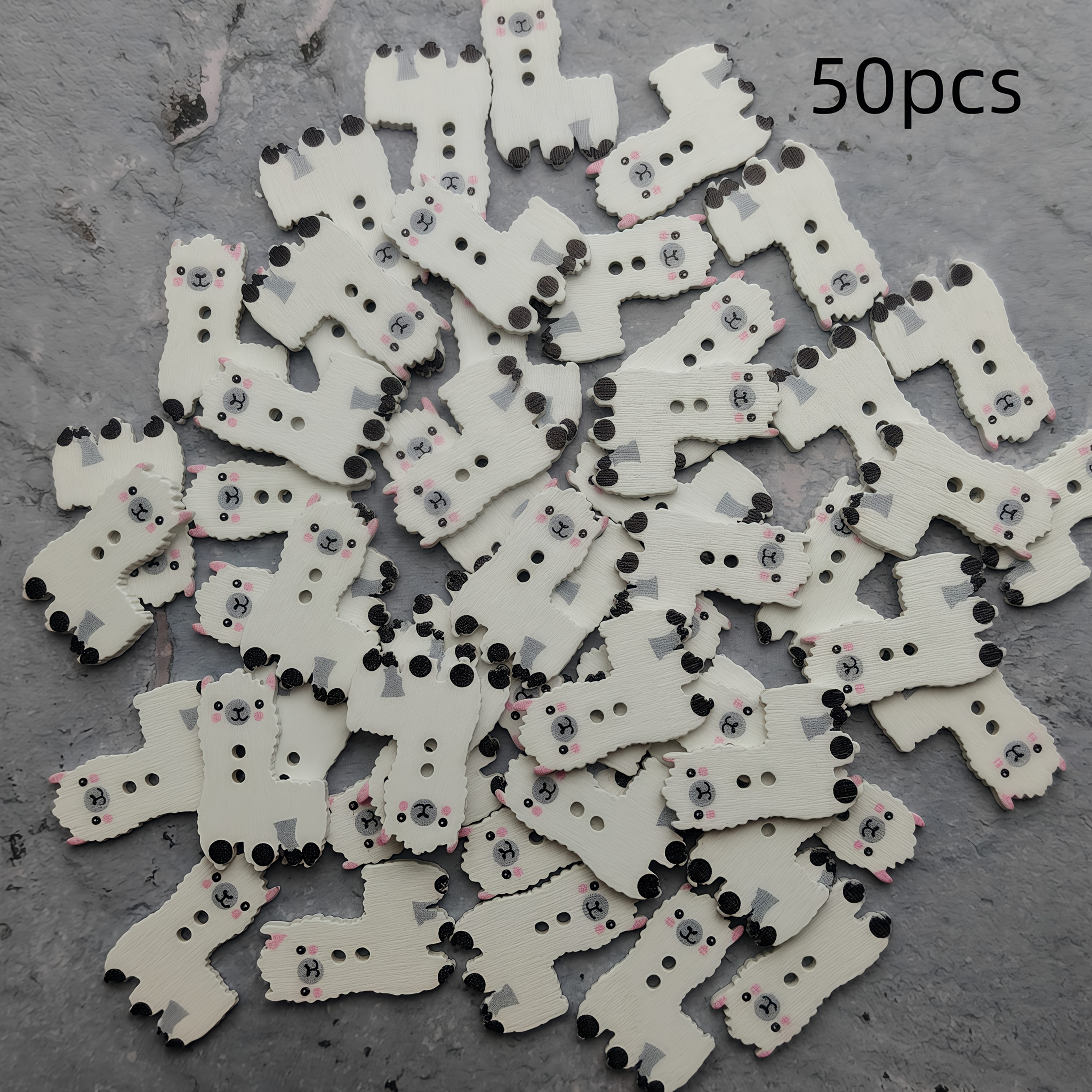 Image of 50pcs Of Trendy And Base Colorful Painted Alpaca Wooden Buttons For Crafts, Featuring White Alpaca Designs, Suitable For Bags, Clothing, Hats, Festive Parties, And Stylish Room Decorations