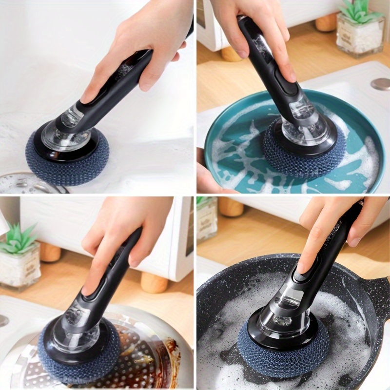 1pc pot brush with handle cleaning brush with soap dispenser non electric plastic kitchen brush for pans and bowls easy to clean steel wool brush for non stick pans and stove sink decontamination details 7