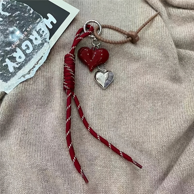 TEMU Angola Red Bow Heart Keychain Woven Rope Bag Charm, A Versatile Accessory For Men And Women