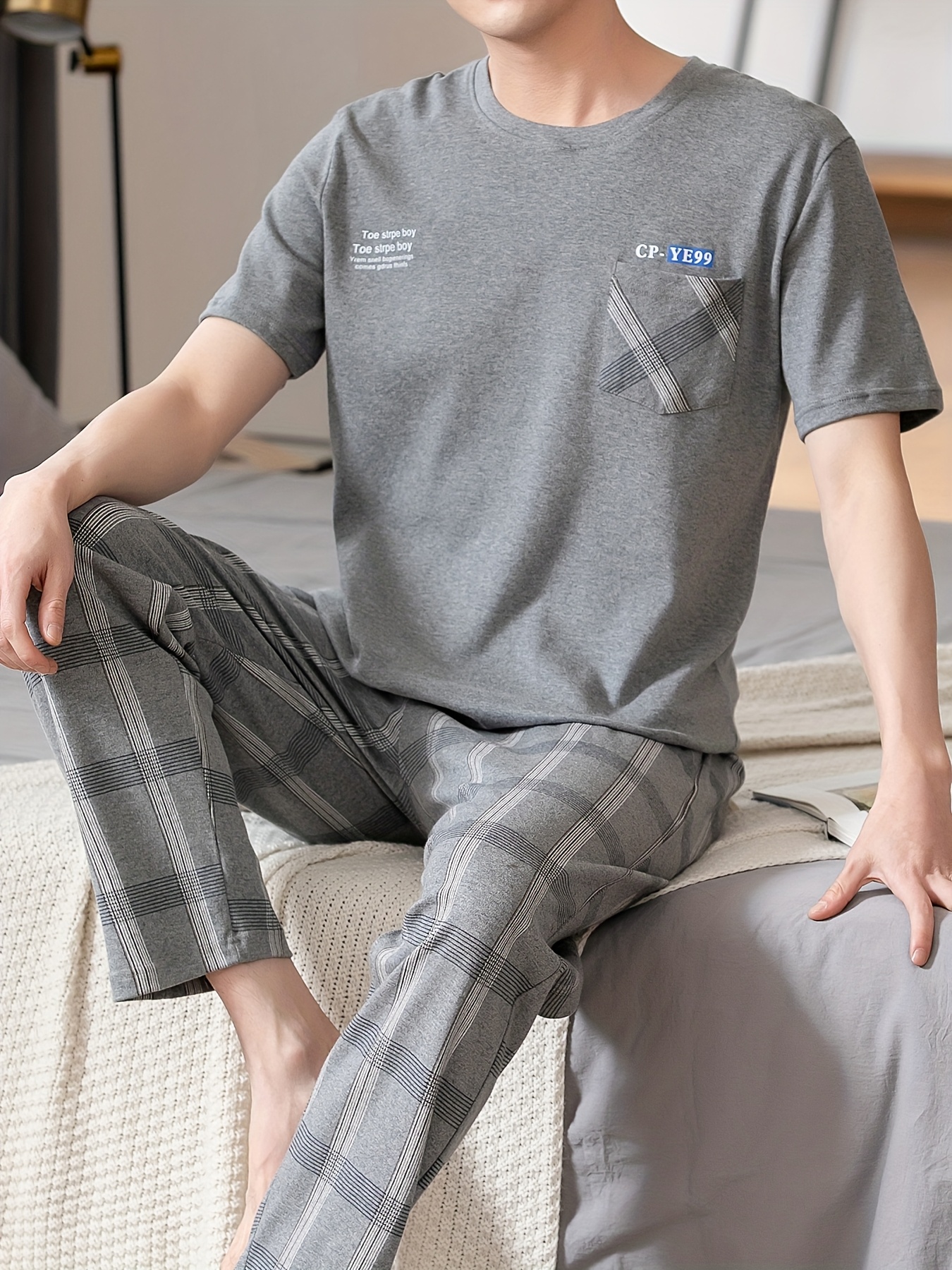 Men'S Summer Pajamas Made of Pure Cotton, Featuring Short Sleeves And Long Pants, Lightweight And Available in Plus Sizes for Young Adults.