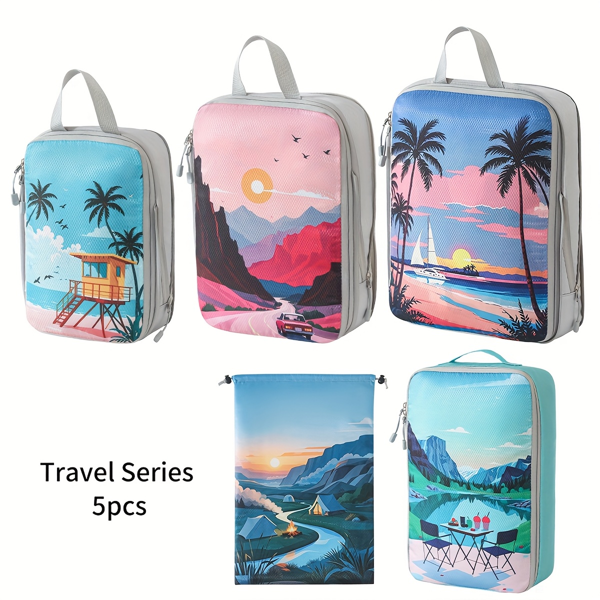 E-shop Reisegepäck-Organizer Set mit bedruckten Fächern - 5-teiliges Kompressionsbeutelset für Kleidung und Toilettenartikel