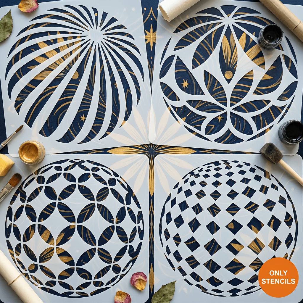 TEMU Geometric Spherical Pattern Hollow Out Spray Painting Template 4pcs Set Retro Light Luxury Circular Pattern Hand Drawn Rubbing Template Art Diy