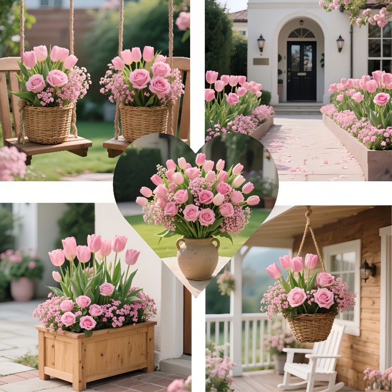 A Bouquet of 38 Artificial Roses, Tulips, And 'S Breath, Realistic Home Decor Suitable for Living Rooms, Tabletops, Gardens, Malls, Coffee Shops, And More - Usable All Year Round Without Maintenance, Perfect for Anniversaries, Thanksgiving