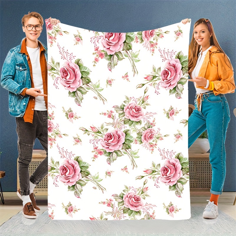 

1 Cozy Pink Rose Floral Print Flannel Throw Blanket - Soft, Warm & With Tear-resistant Design, Machine Washable For - Ideal For Sofa, Bed, Office, Camping & Travel