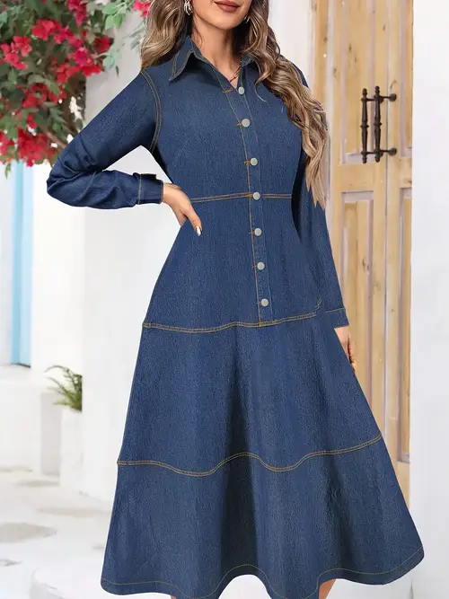 여성용 우아한 긴팔 데님 드레스, 레온/비스코스 블렌드, 65% 레온 35% 폴리에스터, 단색, 약간의 스트레치, 버튼 디테일, 핏팅 스타일, 직조 직물, 290 g/m², 가을/겨울 컬렉션